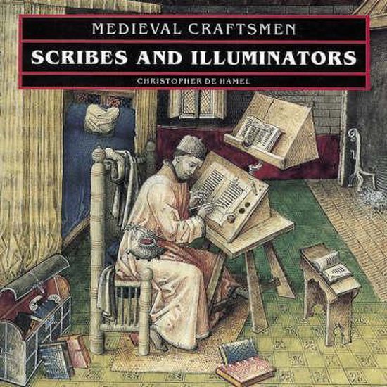Boekcover 'SCRIBES AND ILLUMINATORS' met een illustratie van een monnik die aan een bureau schrijft.