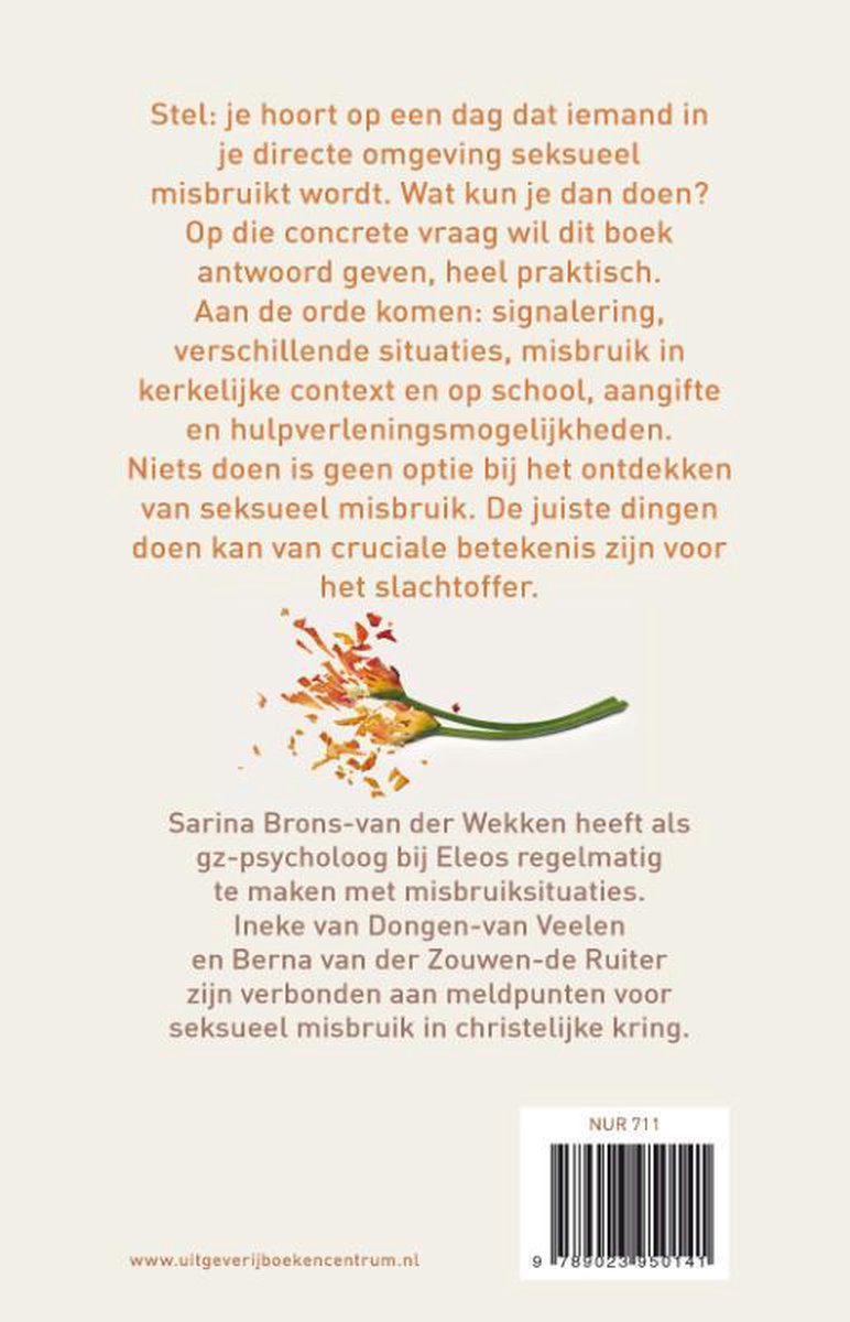 Achterkant boek 'Wat wij kunnen doen'. Tekst over seksueel misbruik, auteurs Sarina Brons-van der Wekken en Ineke van Dongen-van Veelen, ISBN en streepjescode.