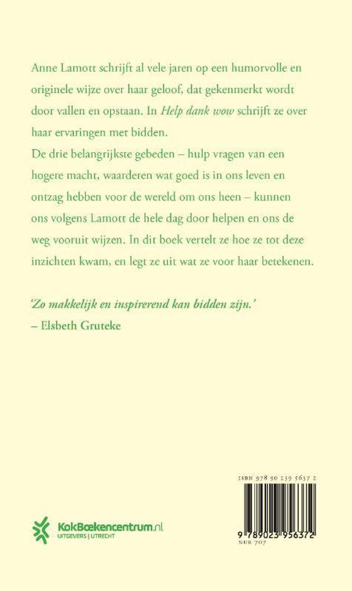 Achterkant van het boek 'Help dank wow' met een citaat van Elsbeth Gruteke en uitgeversinformatie.