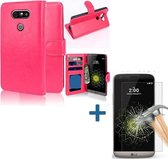 LG G5 Portemonnee hoes roze met Tempered Glas Screen protector
