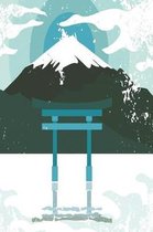 Japanese shrine with mountain in blue