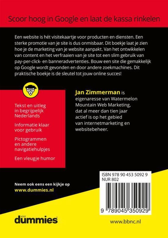Boekomslag met tekst 'Scoor hoog in Google en laat de kassa rinkelen' en een beschrijving van de inhoud. Jan Zimmerman is eigenaresse van Watermelon Mountain Web Marketing.
