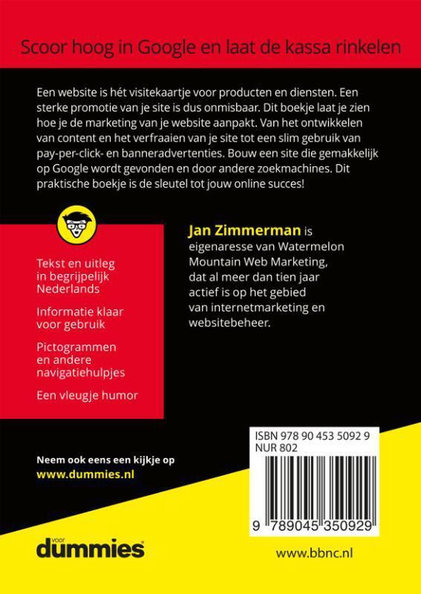 Boekomslag met tekst 'Scoor hoog in Google en laat de kassa rinkelen' en een beschrijving van de inhoud. Jan Zimmerman is eigenaresse van Watermelon Mountain Web Marketing.