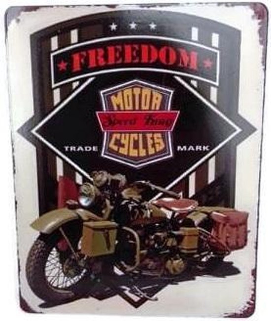 Metalen wandbord freedom motor cycles - militair - zwart creme groen - 20 x 25 cm