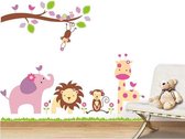Muursticker -  XL - Jungle Zoo - Dieren - Apen - Olifanten en herten spelen op het gras – Vrolijke dieren – Slaapkamer – Babykamer – Kinderkamer – Woonkamer (120cm x 90 cm)
