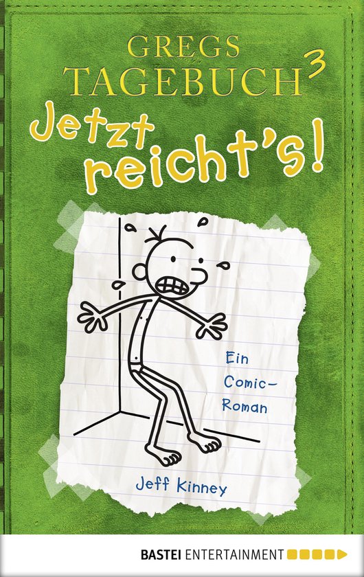 Grijze kaft met groene tekst. Getekend figuur van Greg in een hoek.