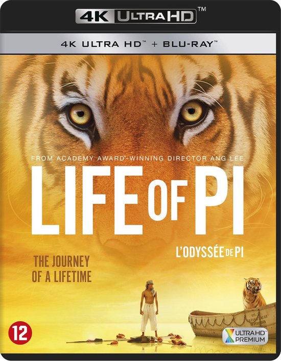 Cover van Life of Pi: L'Odyssée de Pi, met een tijger en een jongen in een boot. 4K Ultra HD + Blu-Ray. Leeftijd 12.