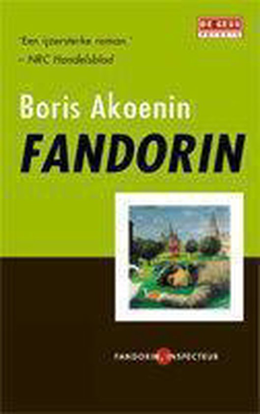 Boek Fandorin van Boris Akoenin. Groene en bruine omslag met een afbeelding van een landschap en een liggend figuur.