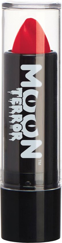 Rode Moon Terror lippenstift in transparante verpakking.