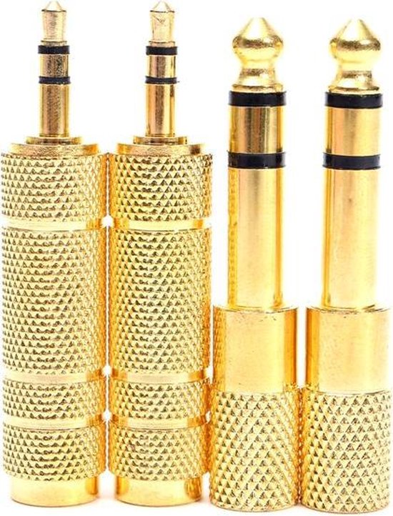 Vier vergulde 3.5mm naar 6.5mm jack adapters, met gekartelde grip.