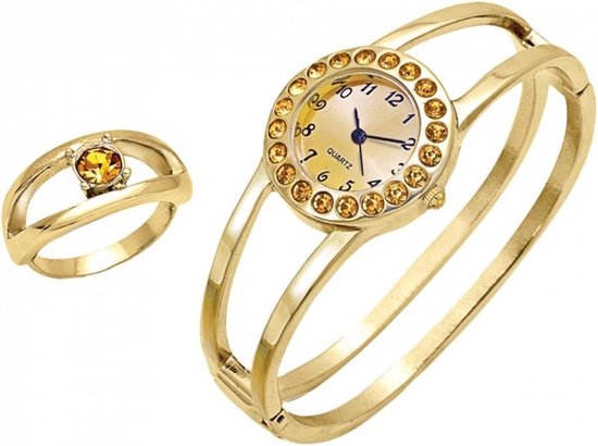 Luigi Vigaro Horloge en ring Ring voorzien van Citrine kristalglas steen. -  Staal | bol.com
