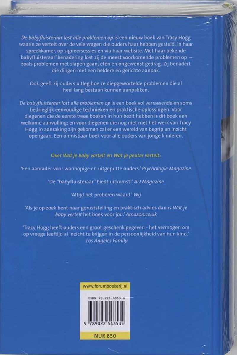 Achterkant van het boek 'De babyfluisteraar' met tekst en recensies.