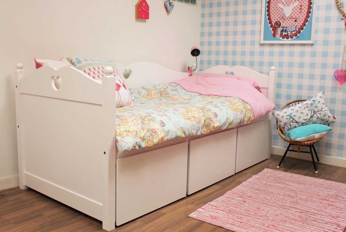 Lilli Furniture - Bedbank met 3 mega bakken - Inclusief HR40 koudschuim matras - inclusief lattenbodem - 90x200cm - wit