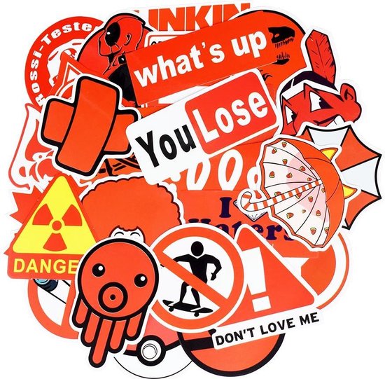 Random Sticker mix met rood thema - 50 verschillende rode stickers voor laptop, muur, auto, skateboard, deur etc.