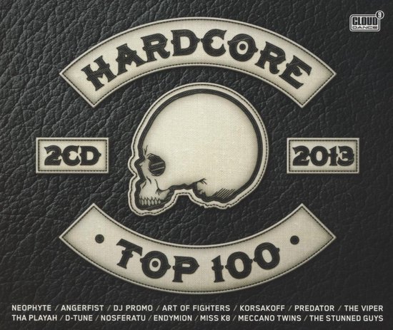 Zwarte leren hoes voor Hardcore Top 100 2013 met een schedelillustratie en lijst van artiesten.
