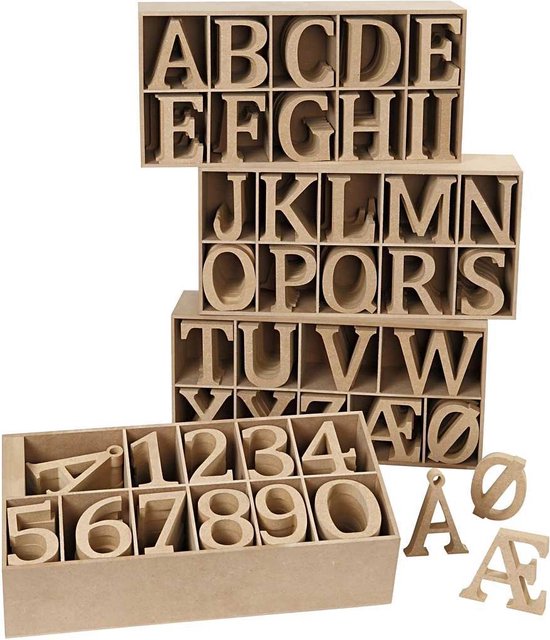 Houten letters en cijfers, inclusief gratis display, h: 8 cm, dikte 1,5 cm,  MDF, 246stuks | bol.com