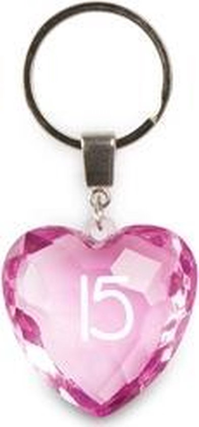 sleutelhanger - 15 jaar - diamant hartvormig roze