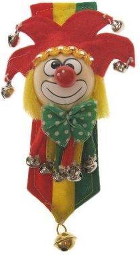 Broche clown op banner - carnaval - rood geel groen - limburg