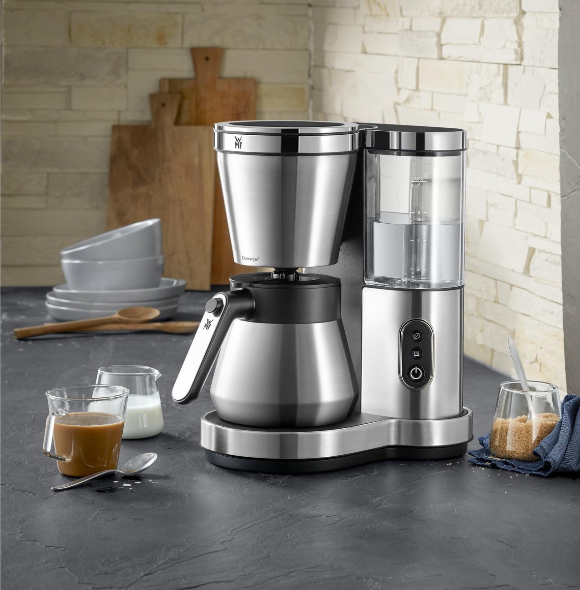 WMF 412160011 Stelio, Koffiezetapparaat met Thermoskan, Capaciteit van 8 kopjes, Opening met één Hand, Externe Waterniveau Indicator, Cromargan: 18/10 roestvrijstalen behuizing en kan, 1000 W