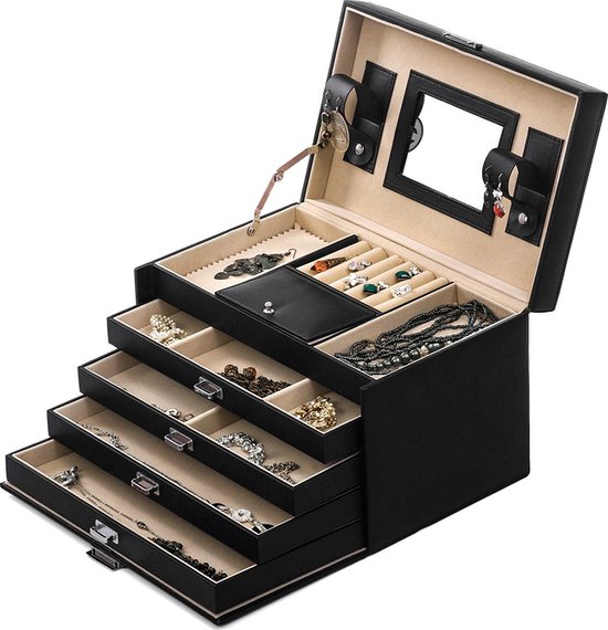 XL Luxe Sieradenbox Met Spiegel - Bijouteriedoos Opbergbox - Juwelen Opbergdoos - PU Leder Zwart