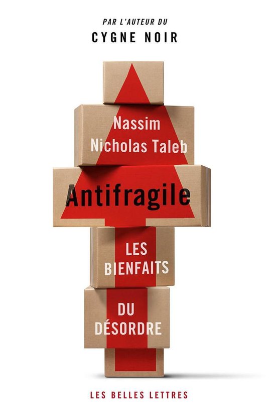 Couverture de livre montrant des boîtes en carton empilées en forme de tour avec une flèche rouge et le titre Antifragile.