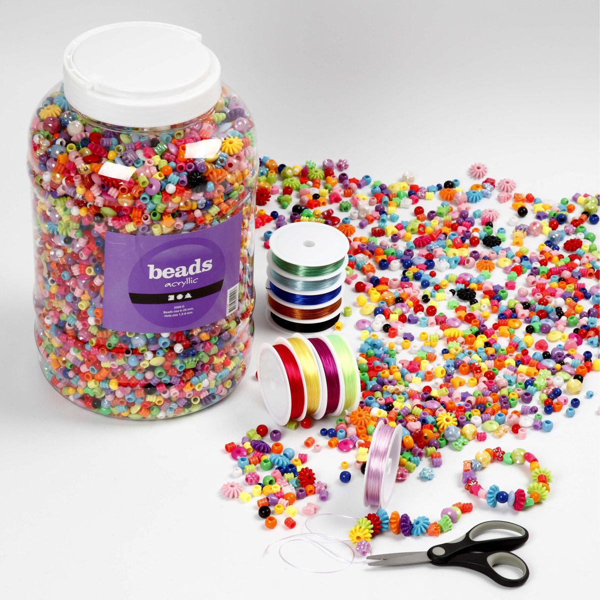 Plastic kralen en elastisch koord, afm 6-20 mm, 1 assortiment