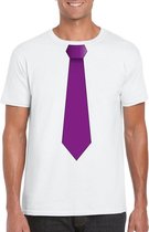 Wit t-shirt met paarse stropdas heren L