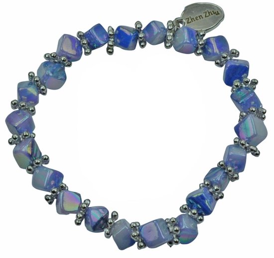 Parelmoeren armband Shell Cube AB Blue - blauw - zilver - elastisch