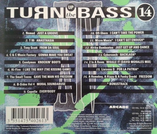CD hoes voor 'Turn Up The Bass 14' met groene en blauwe abstracte achtergrond en tracklist.