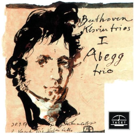 Portret van Beethoven met tekst: Beethoven Klaviertrios I Abegg Trio. Rechtsonder Tacet logo.