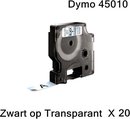 20 x Dymo 45010 Zwart op Transparant Standaard Label Tapes Compatible voor Dymo LabelManager 100 110 120P 150 160 PC2 200 210D 220P 260 260P 280 300 350 350D 360D 400 420P 450 / 12mm x 7m