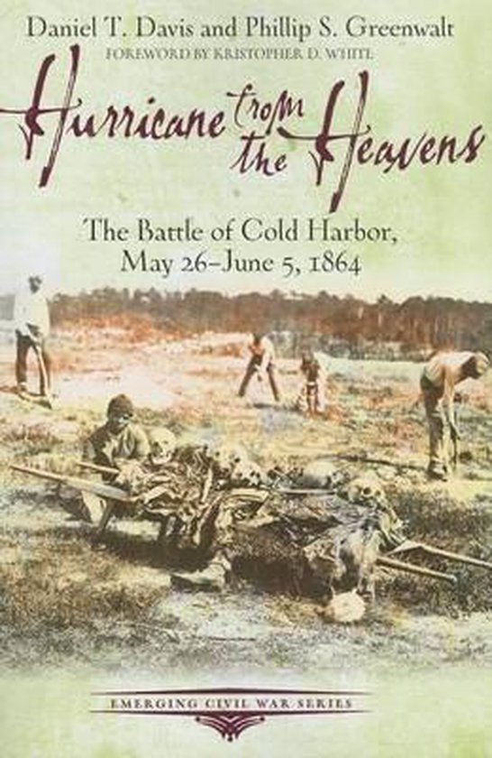 Boekomslag 'Hurricane from the Heavens' met een historische foto van soldaten in een slagveld uit 1864.