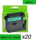 20PK MK731 M-K731 Ruban d'étiquettes noir sur vert 12 mm Compatible pour l'étiqueteuse Brother P-Touch