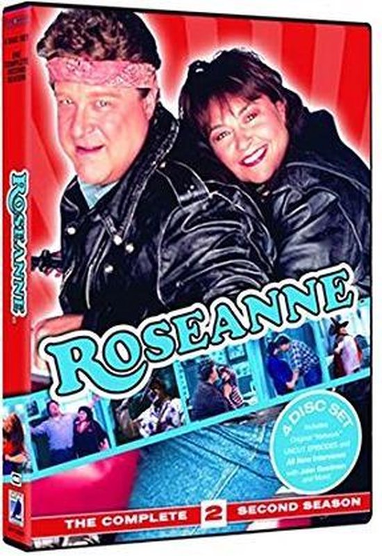 DVD-hoes van Roseanne seizoen 2 met John Goodman en Roseanne Barr met een leren jasje en bandana.