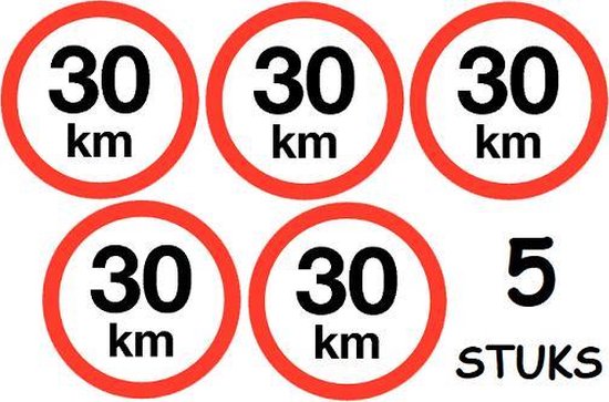 Set van 5 stuks; Maximum snelheid 30 km/h Sticker. Rond 200 mm | bol.com