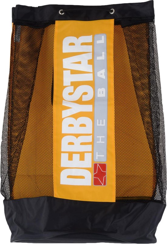 Gele ballentas met zwarte mesh zijkanten, zwart bodem en 'DERBYSTAR THE BALL' logo op voorpand.