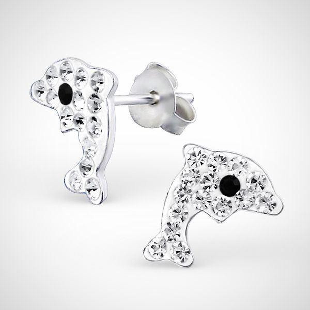 Dolfijn - 925 sterling zilverkleurige oorknoppen met witte kristallen