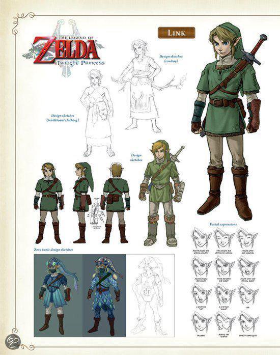Link in zijn iconische groene tuniek en muts, met diverse schetsen van zijn gezicht en outfit.