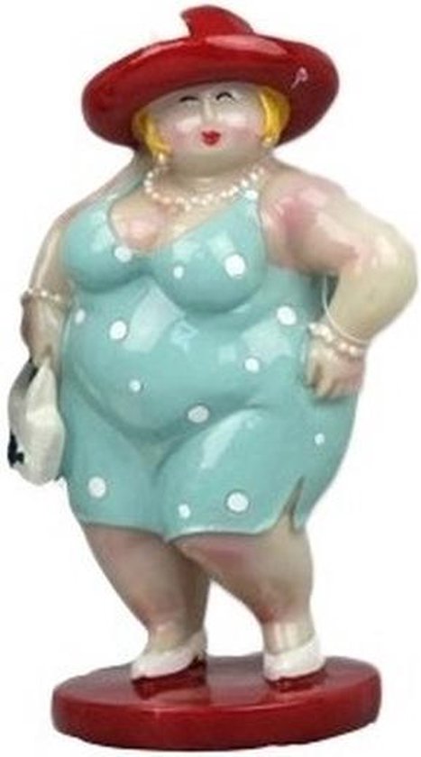 Decoratie beeldje dikke dame staand lichtblauw - Dikke dames beeldje blauw jurkje 15 cm