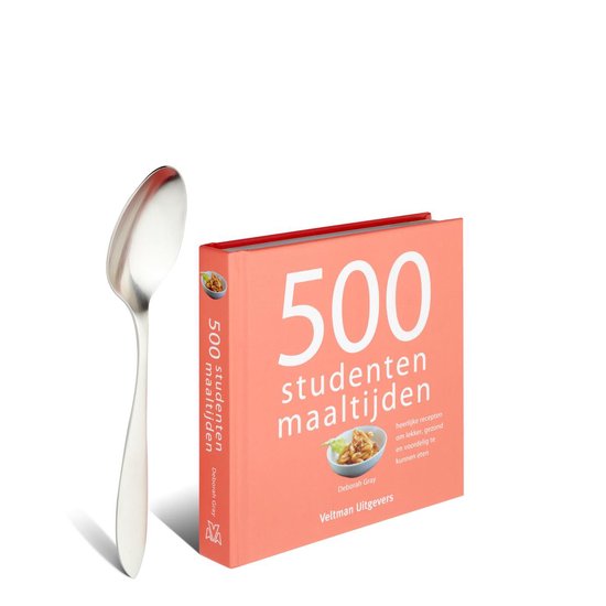 Een kookboek met de titel '500 studenten maaltijden' en een zilveren lepel ernaast.