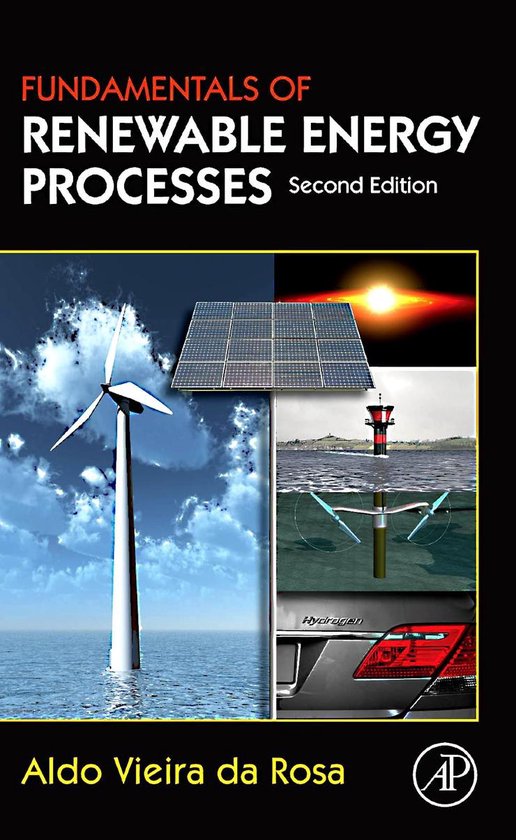 Boekcover "Fundamentals of Renewable Energy Processes" met afbeeldingen van een windturbine, zonnepanelen, een vuurtoren en een auto met "Hydrogen" opdruk.