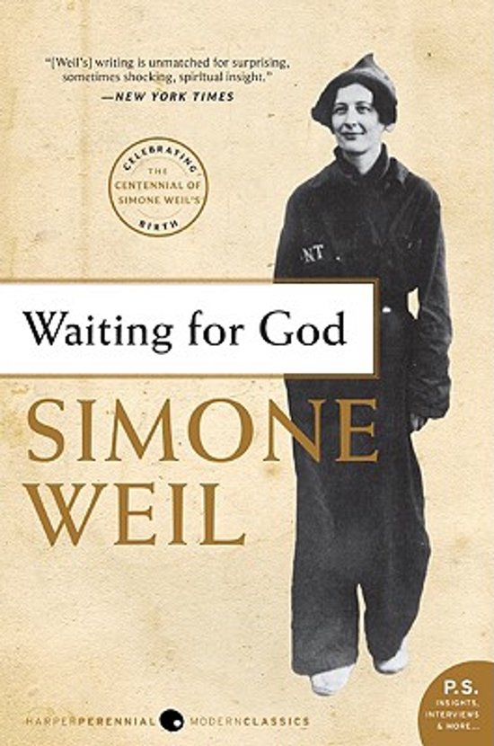Livre 'Waiting for God' par Simone Weil avec une photo en noir et blanc d'une femme en uniforme et le texte 'Celebrating the Centennial of Simone Weil's Birth'.