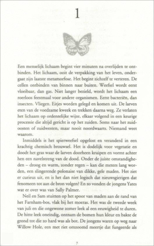 Pagina 1 van een boek met Nederlandse tekst en een afbeelding van een vlinder bovenaan.