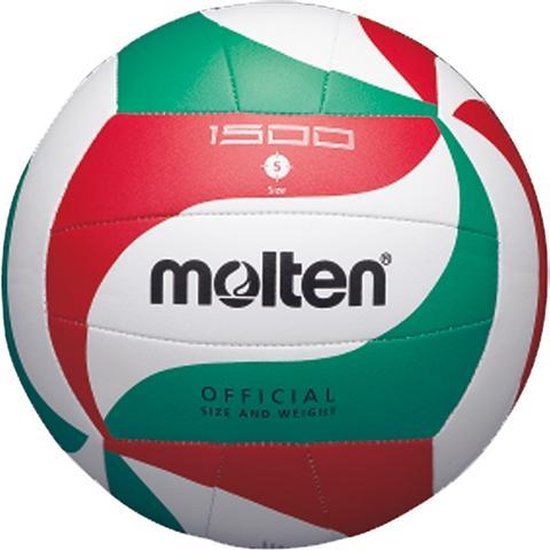 Molten volleybal V5M1500, maat 5, met golvende patronen in wit, groen en rood. 'Molten' en 'OFFICIAL SIZE AND WEIGHT' logo's zichtbaar.