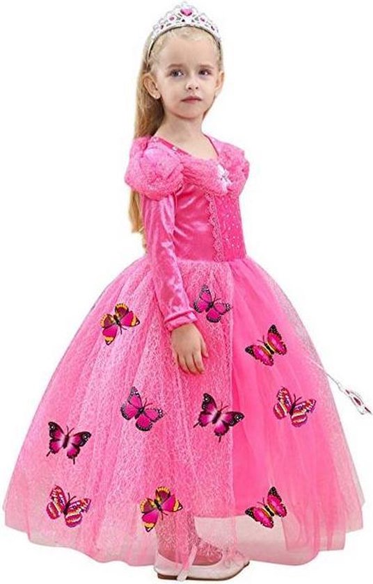 Doornroosje jurk Prinsessen jurk verkleedjurk 140-146 (140) fel roze Luxe  met vlinders... | bol