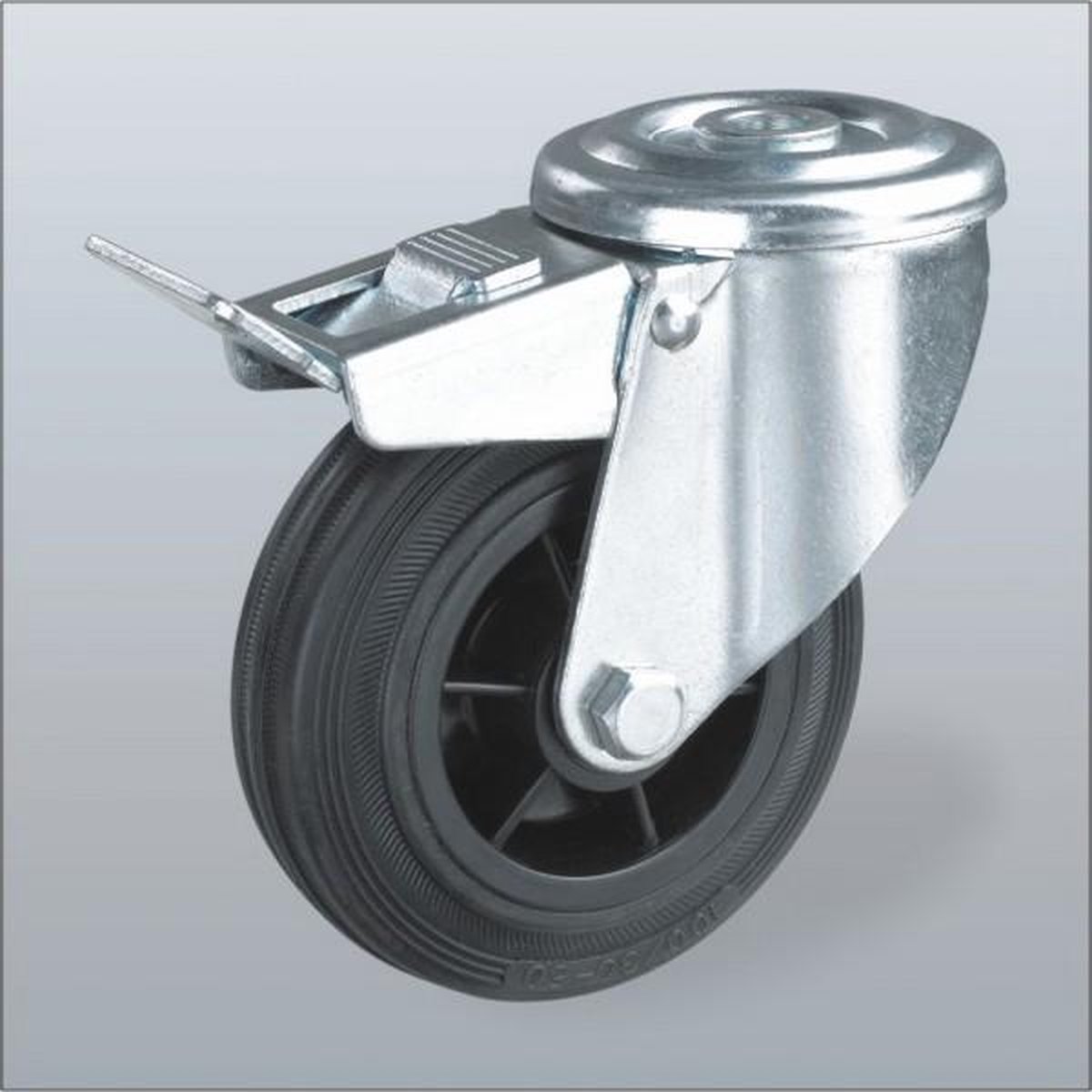 Rubber zwenkwiel geremd met centraal gat - 80mm - 60kg