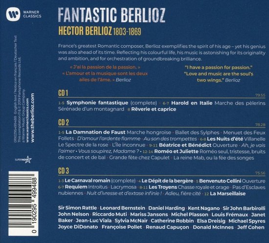 Warner Classics "Fantastic Berlioz" Hector Berlioz 1803-1869 achterkant van de CD hoes met tracklijsten.