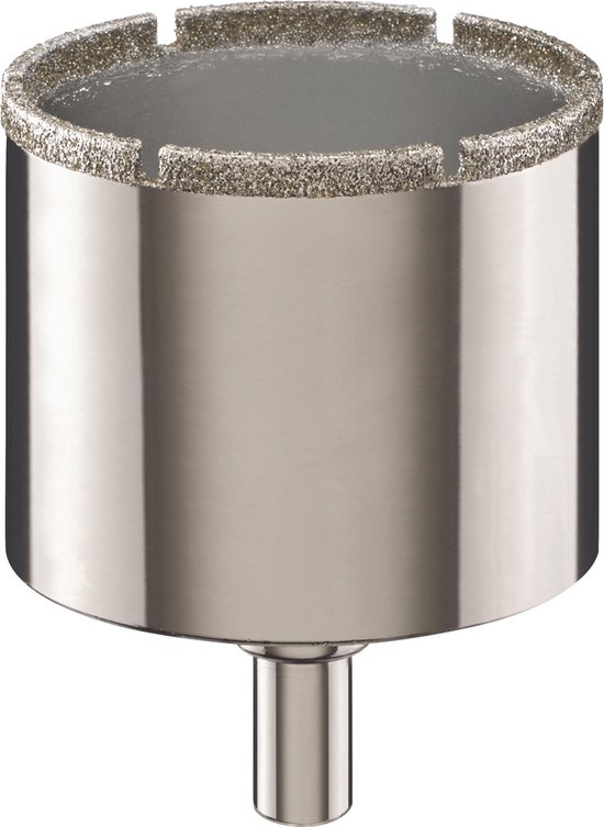 Een diamant gatzag met een zilveren, metalen schacht en gekartelde rand van diamantdeeltjes.