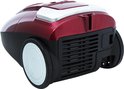 Achterkant van een rode stofzuiger met zwarte ventilatieroosters en witte wielen.