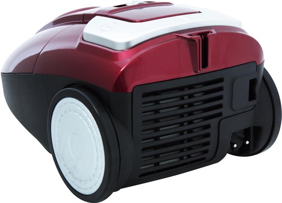 Achterkant van een rode stofzuiger met zwarte ventilatieroosters en witte wielen.